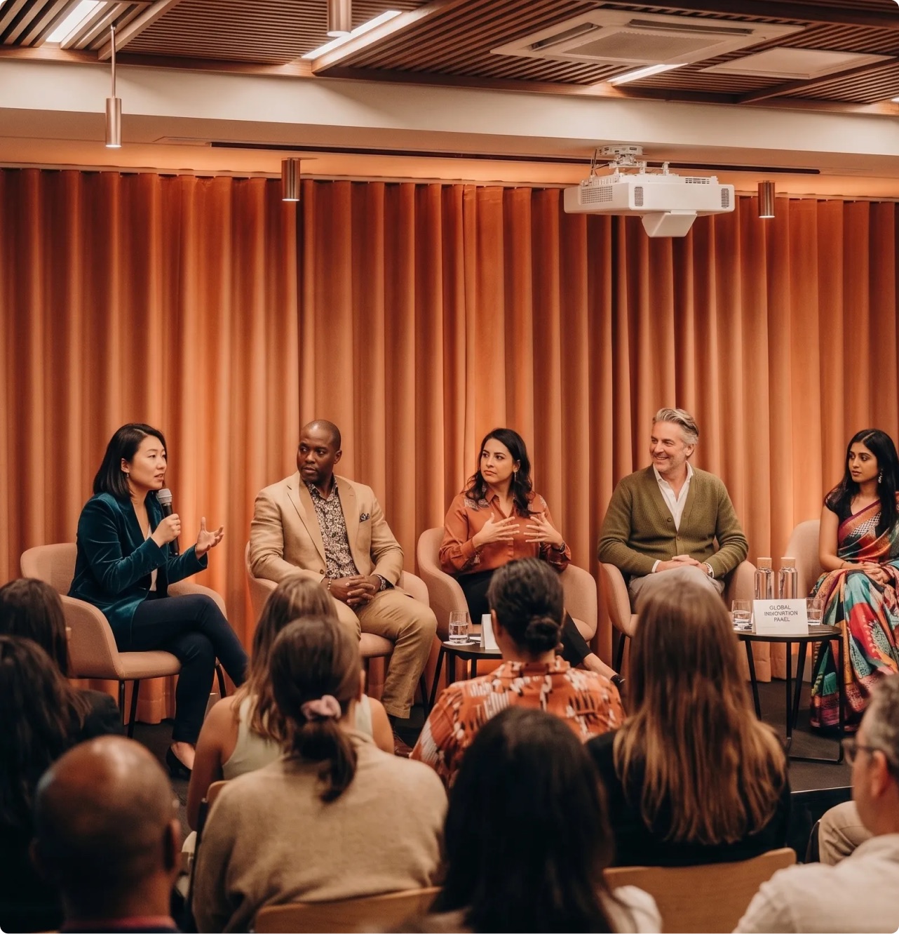 Five panellists speaking on stage to a seated audience at a conference
