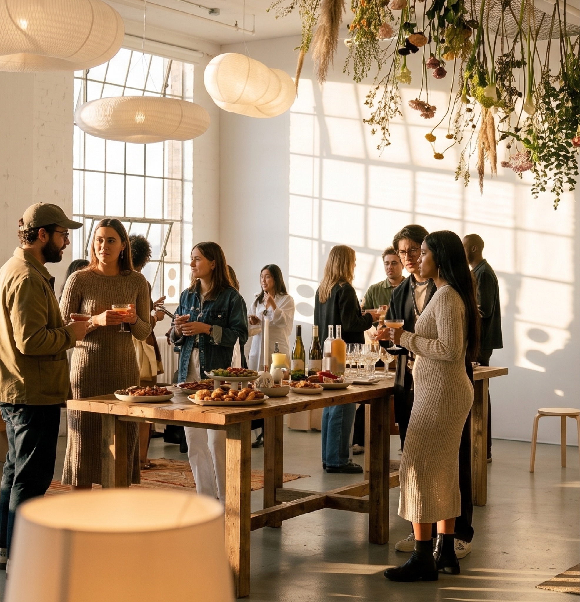 Guests with drinks around a long table of food in a sunlit loft, under hanging dried flowers