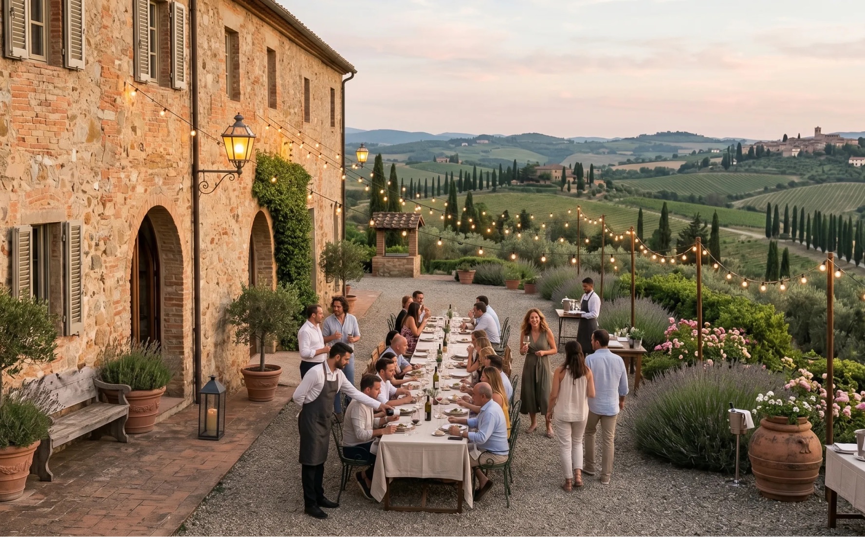 A long table set for an outdoor Groundwork event in Tuscany